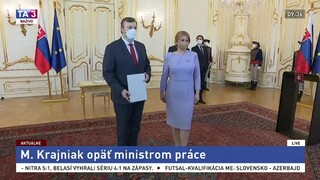 Prezidentka Z. Čaputová vymenovala M. Krajniaka za ministra práce