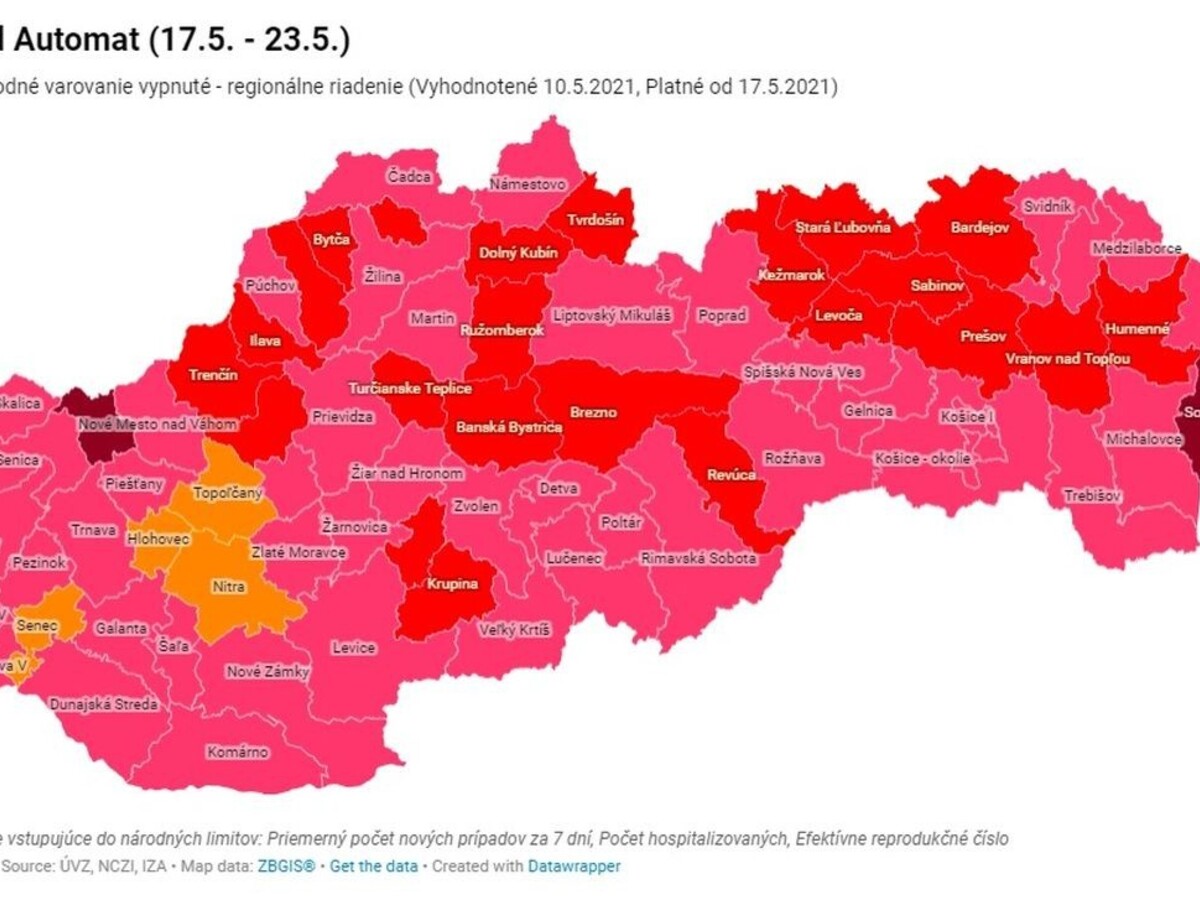 Covid automat: Najviac okresov je v ružovej fáze, štyri sú oranžové