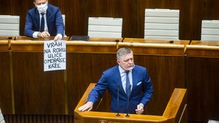 Matovič sa predviedol v parlamente: Ficovi ukázal plagát so slovami o vrahovi