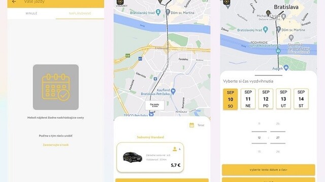 Screenshoty z aplikácie RYDE s funkciou plánovania jázd.