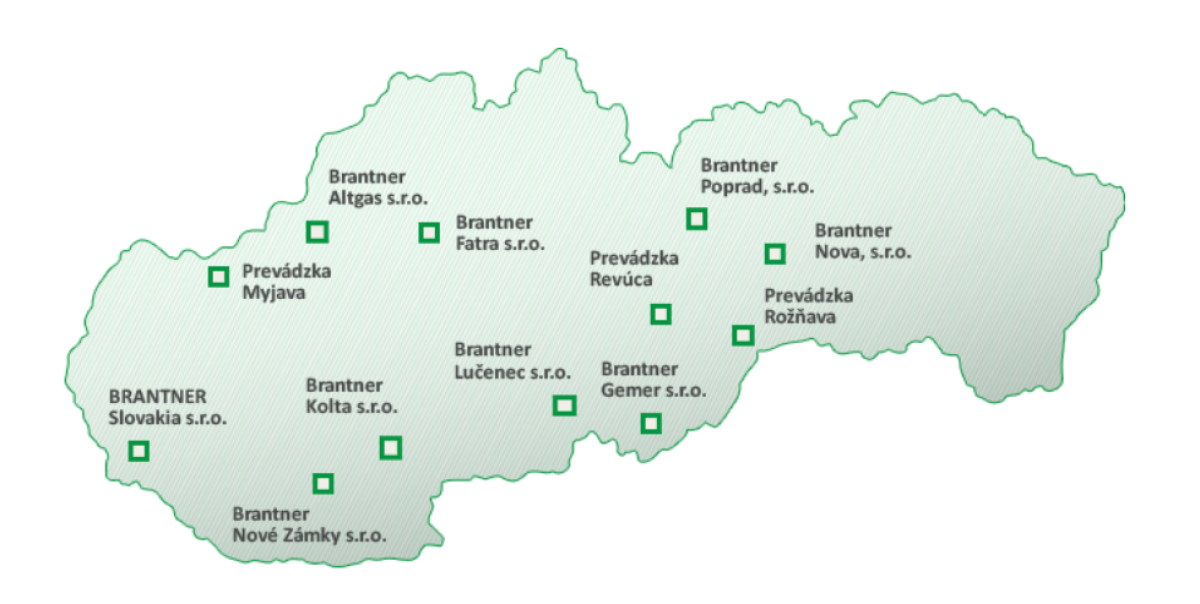 Mapa pobočiek Brantner na Slovensku