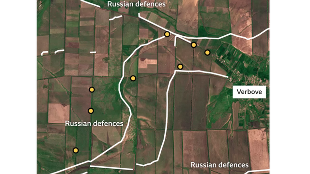 Frontová línia. Žlté body znázorňujú ukrajinské jednotky