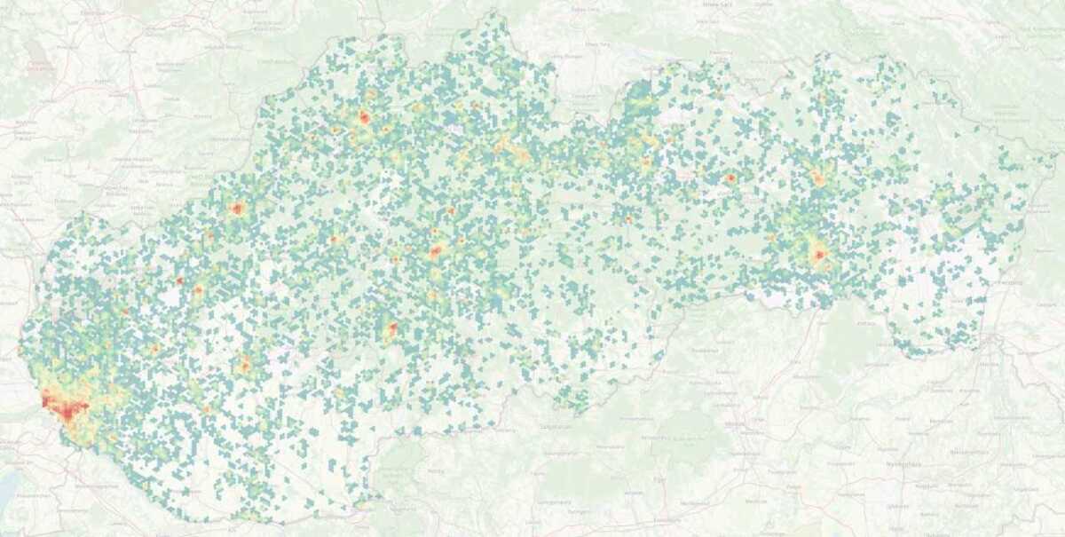 Mapa zobrazuje hustotu dronovej premávky na Slovensku v rámci používateľov aplikácie Mám dron.