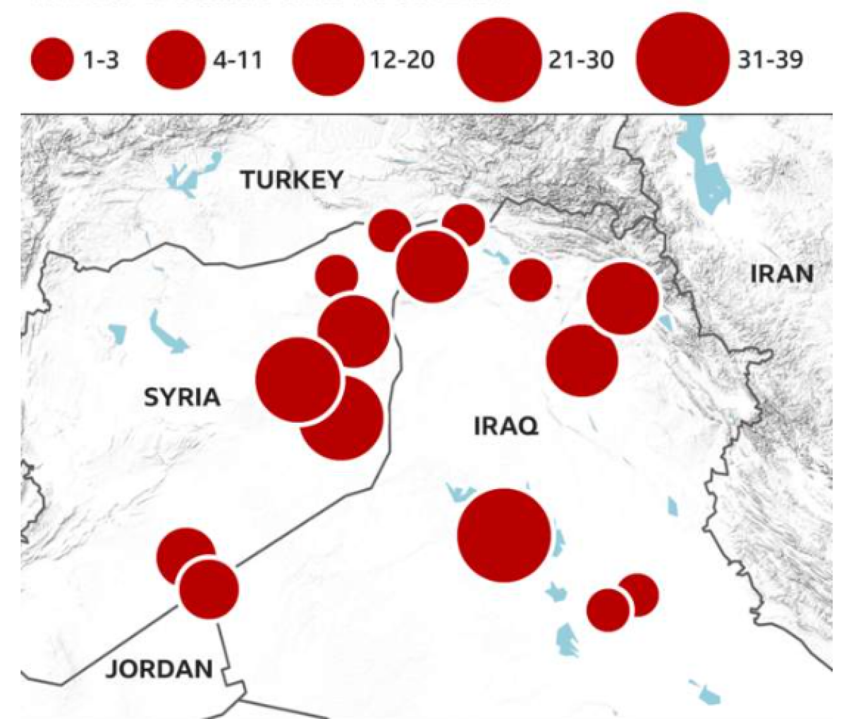 Počet útokov na americké základne od roku 2018.