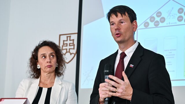 Odvolaná predsedníčka Úradu pre dohľad nad zdravotnou starostlivosťou (ÚDZS) Renáta Bláhová a novovymenovaný riaditeľ ÚDZS Michal Palkovič počas tlačovej konferencie Úradu pre dohľad nad zdravotnou starostlivosťou