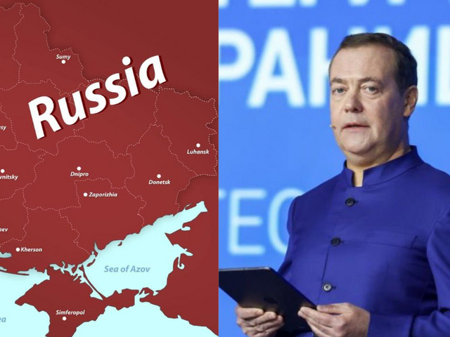 Ukrajina je Rusko, vyhlásil Medvedev. Rečnil pred obrovskou mapou, ktorá zobrazovala možný výsledok vojny