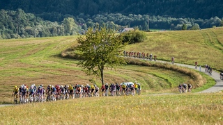 Pelotón cyklistov počas 1. etapy 69. ročníka cyklistických pretekov Okolo Slovenska. Bardejov, 17. september 2025.