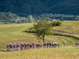 Pelotón cyklistov počas 1. etapy 69. ročníka cyklistických pretekov Okolo Slovenska. Bardejov, 17. september 2025.