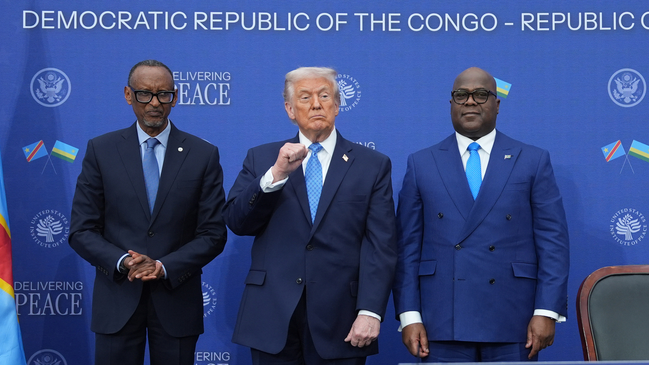 Trump stands with Rwanda prezident Paul Kagame and prezident Kongo Felix-Antoine Tshisekedi