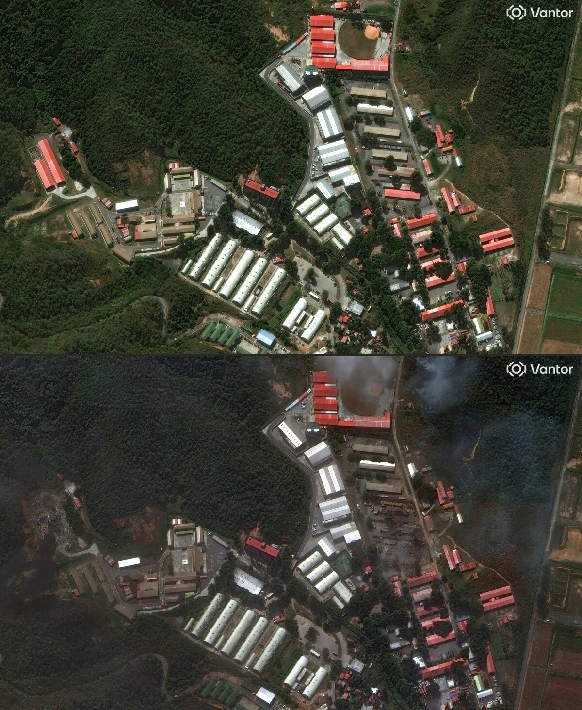 Detailný pohľad na Fuerte Tiuna pred americkou operáciou (22. decembra) a po americkej operácii (3. januára) 