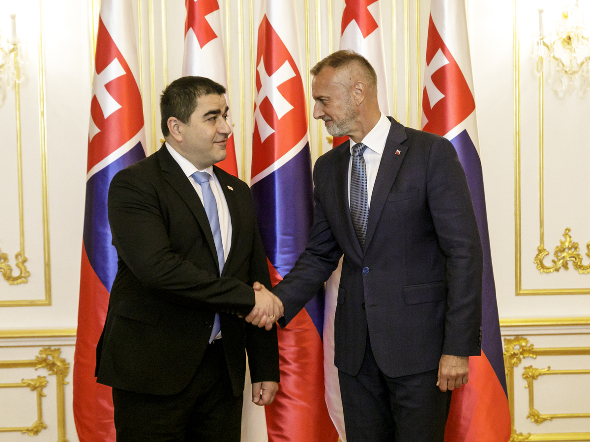 predseda Národnej rady (NR) SR Richard Raši (Hlas-SD) a predseda parlamentu Gruzínska Šalva Papuašvili pózujú počas stretnutia v Bratislave v pondelok 11. mája 2026. 