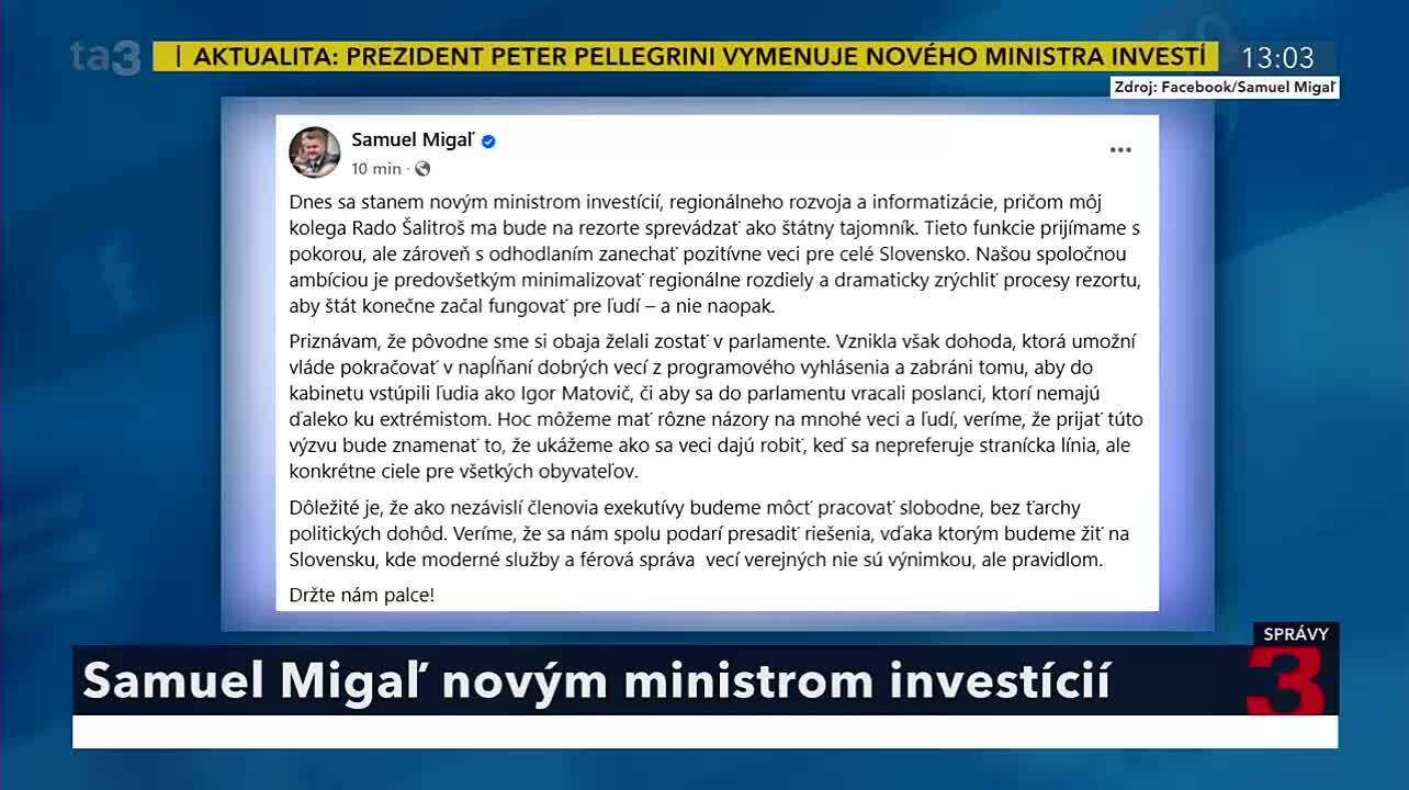 Pellegrini Migaľovi: Nie ste ministrom vďaka mandátu od ľudí. Opozícia vidí za zmenou vo vláde vydieranie Fica